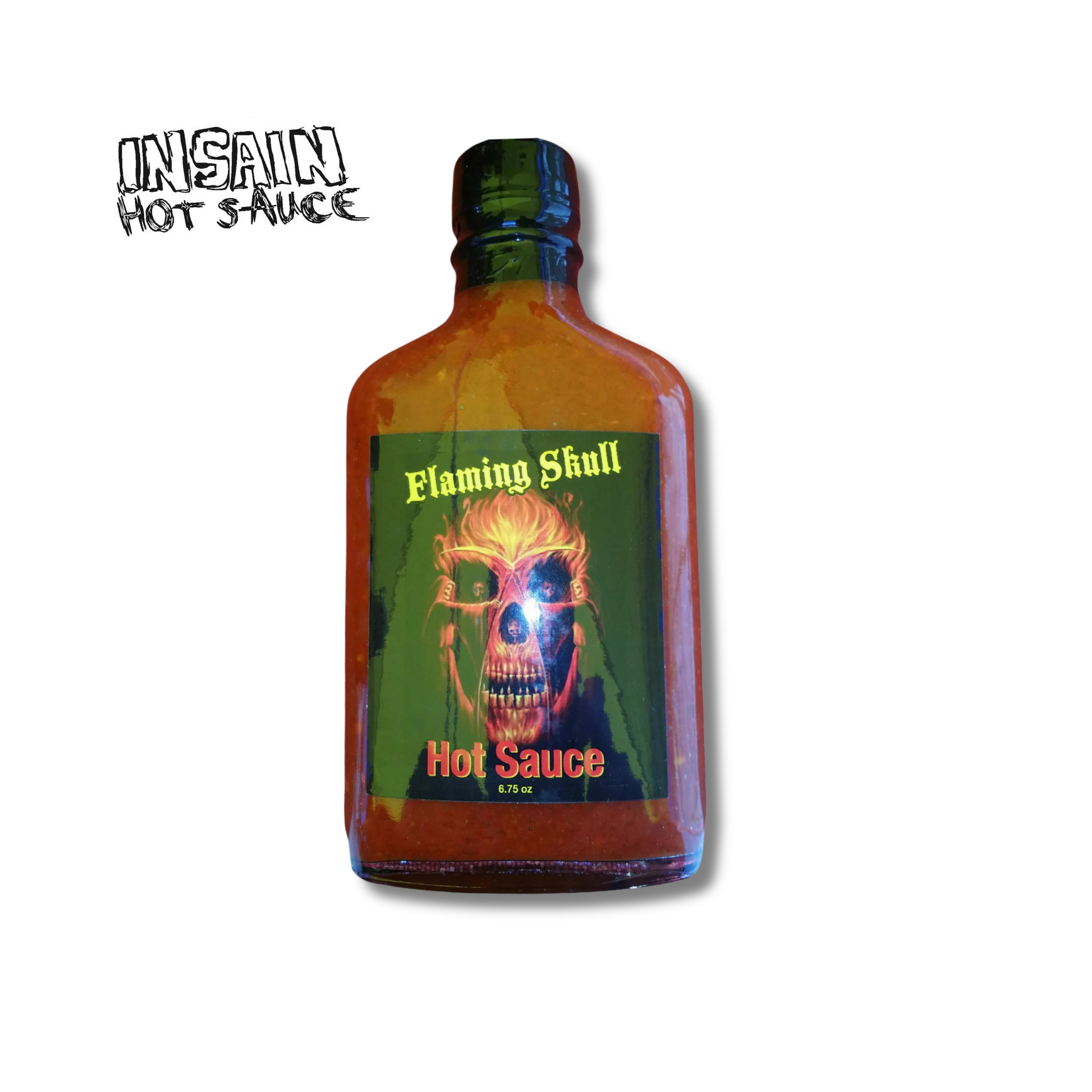 "Flaming Skull Hot Sauce bottle - intense heat spicy sauce with bold spices