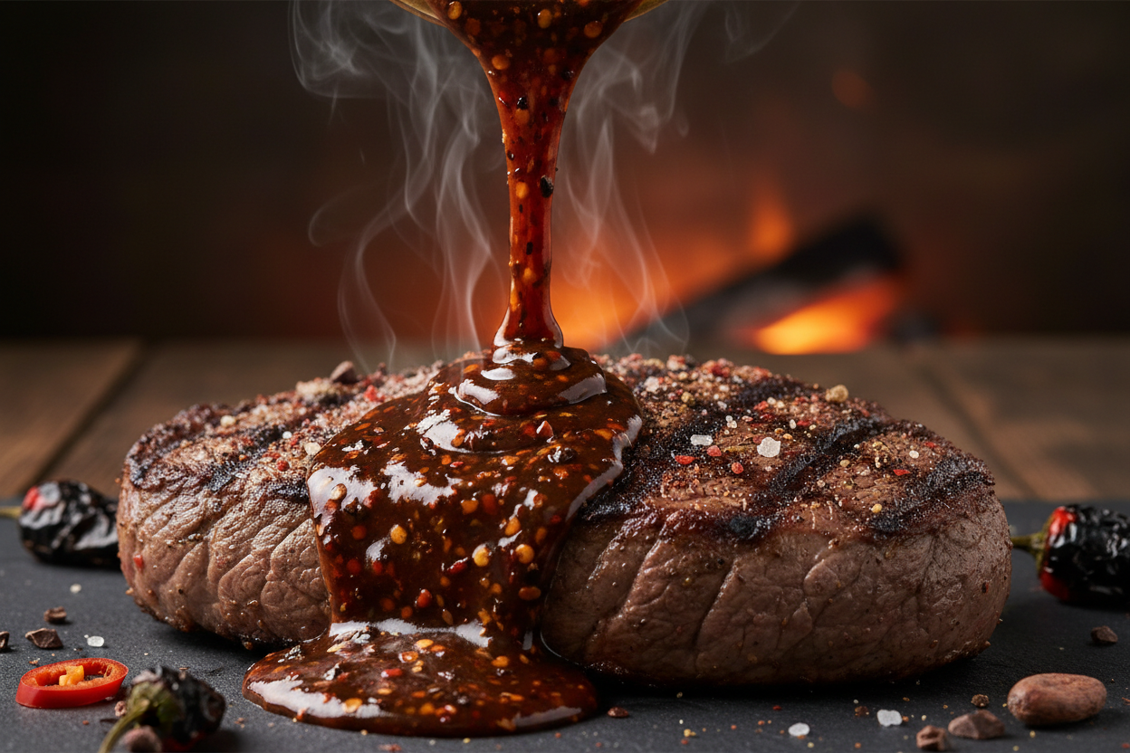 Chocolate Primotalii hot sauce being poured on grilled steak