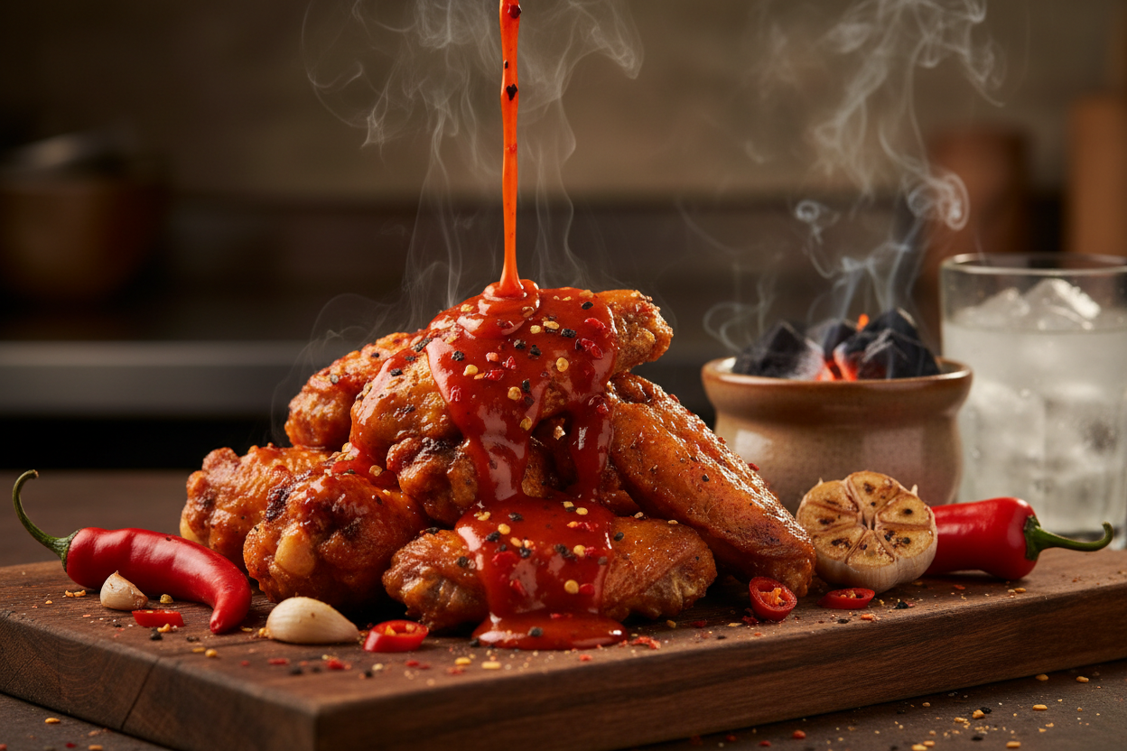 My Ass is on Fire hot sauce being poured on buffalo wings