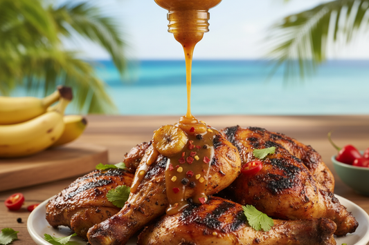 Banana Rum hot sauce being poured on grilled jerk chicken