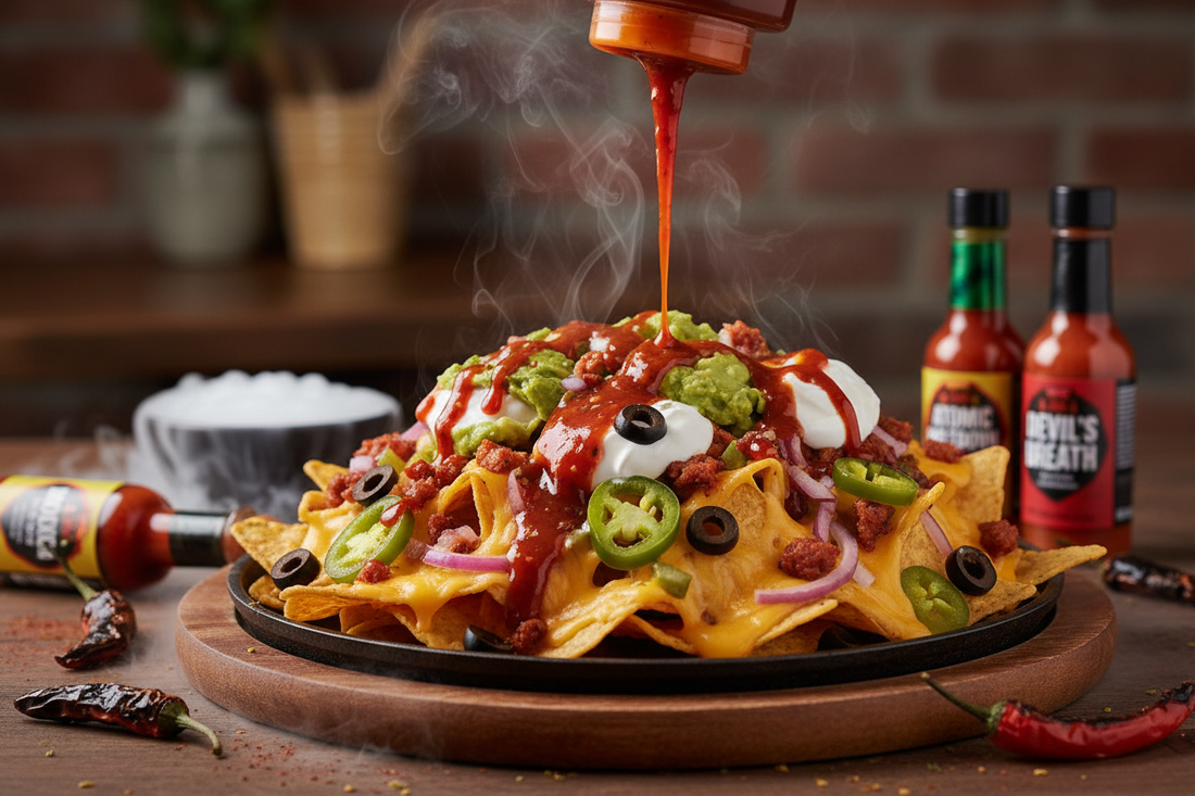 My Ass is on Fire hot sauce on loaded nachos