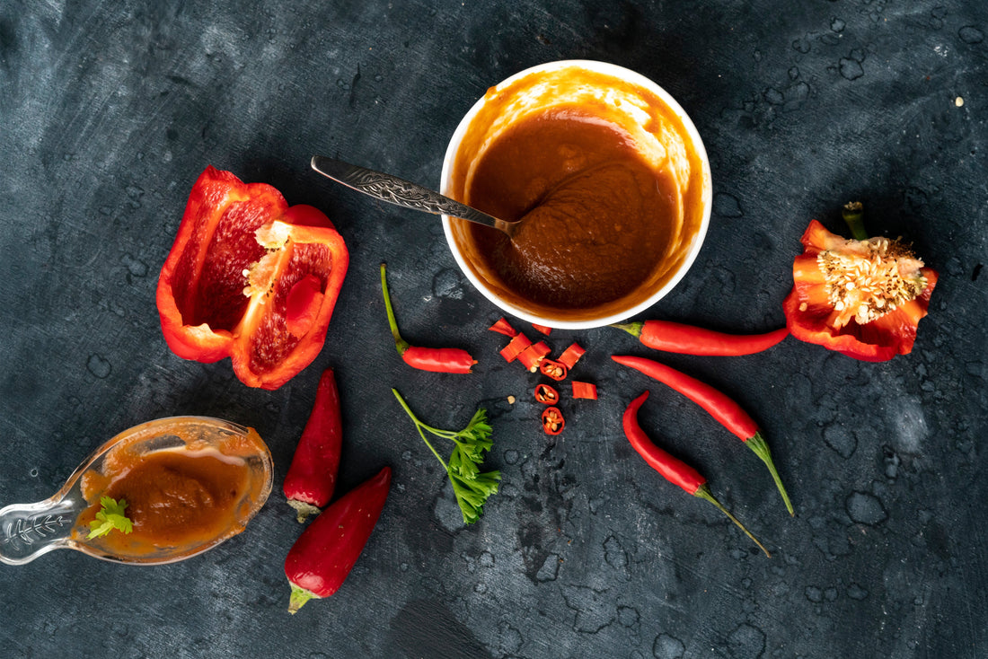 Red spicy pepper sauce with chili peppers