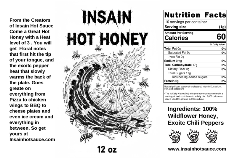 Insain Hot Honey 12 oz label with nutrition facts
