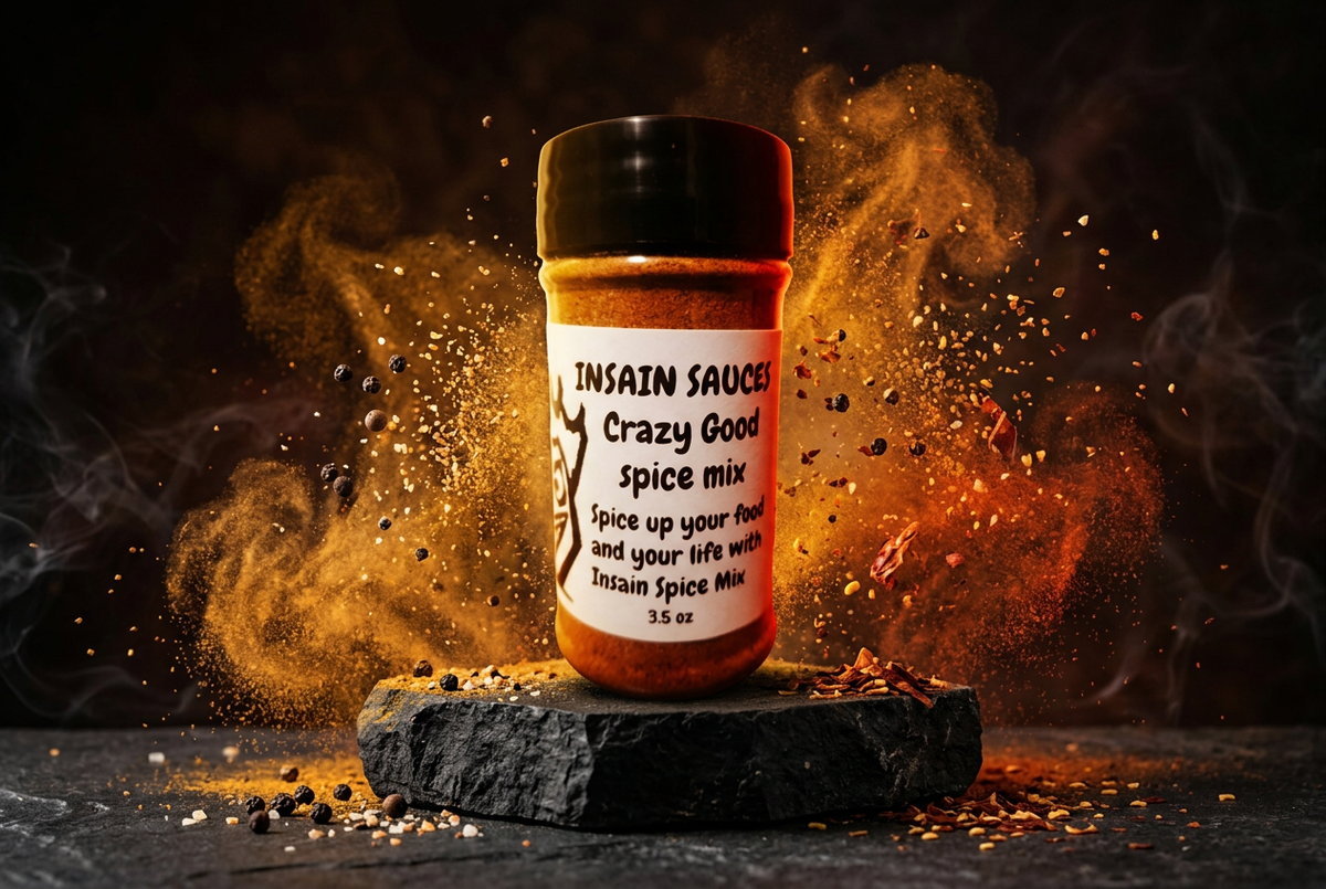 Crazy Good Spice Mix bottle with a dramatic spice background