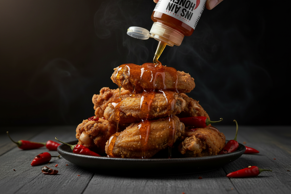 Hot Honey Pouring on Wings - Correct Label