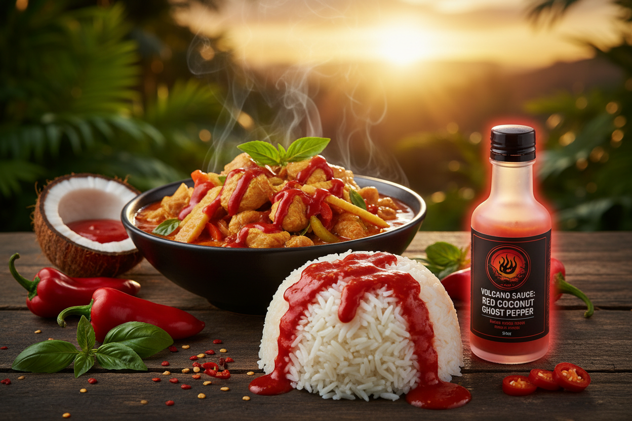 Coconut Ghost hot sauce on Thai curry