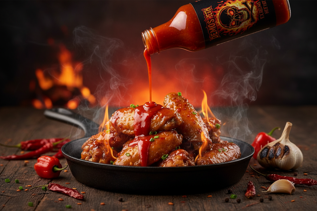 Flaming Skull hot sauce being poured on spicy wings