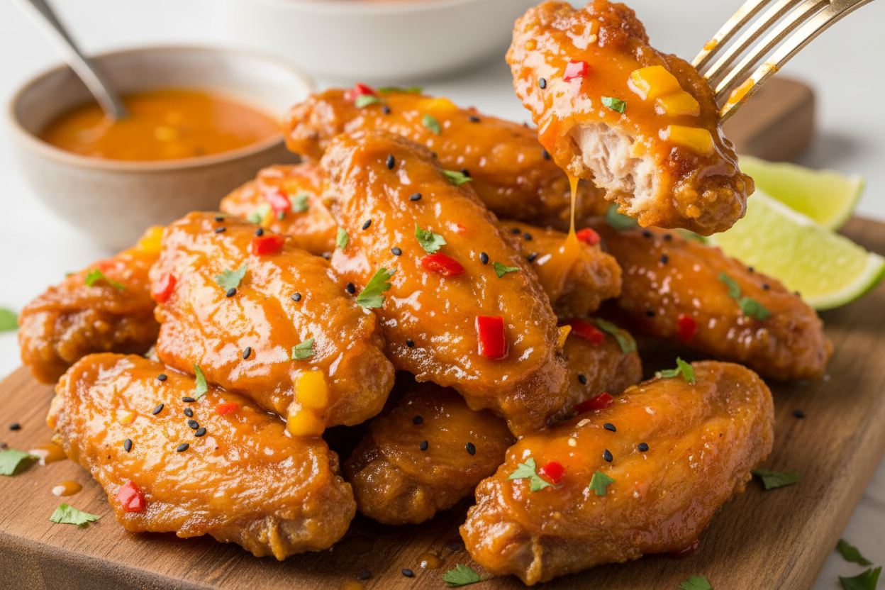 Mango Habanero Wing sauce coating crispy chicken wings