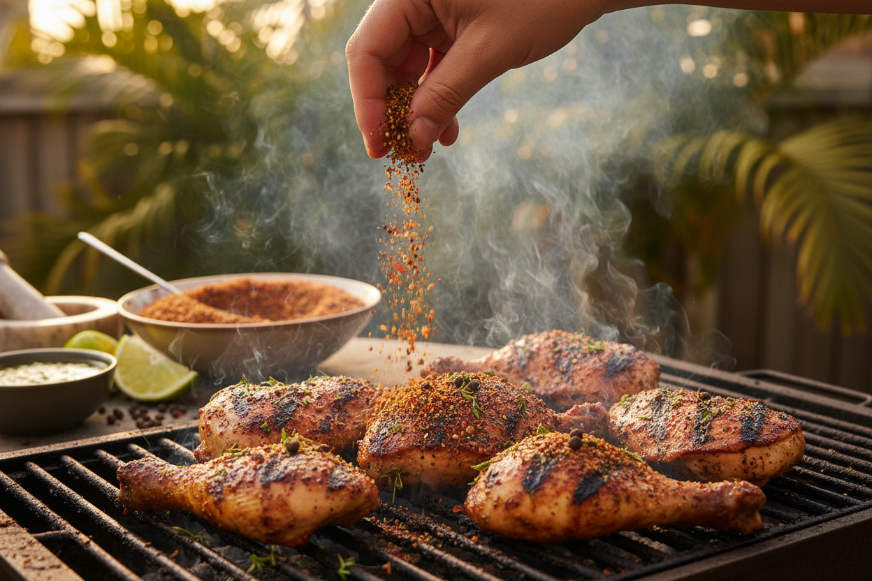 Cajun Jamaican Spice being sprinkled on grilled jerk chicken