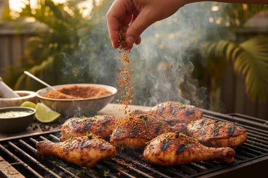 Cajun Jamaican Spice being sprinkled on grilled jerk chicken