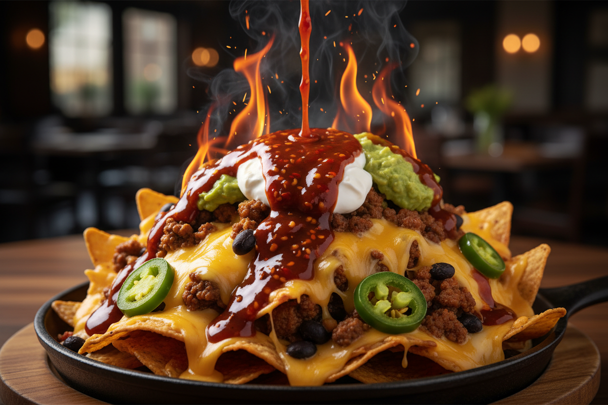 Flaming Skull hot sauce on loaded nachos