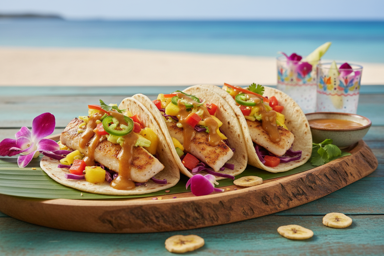Banana Rum hot sauce on Caribbean fish tacos