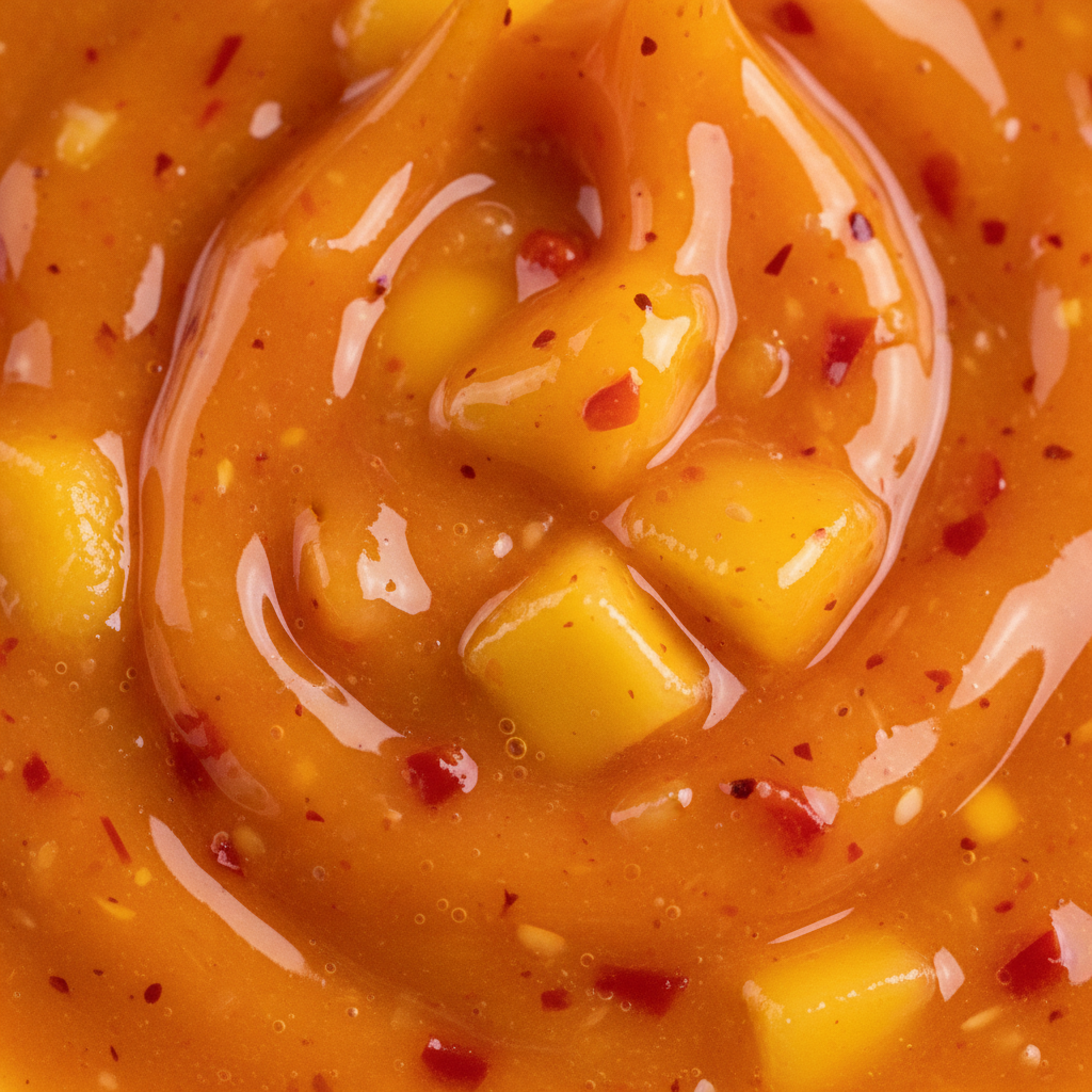 Close-up of Mango Habanero hot sauce texture