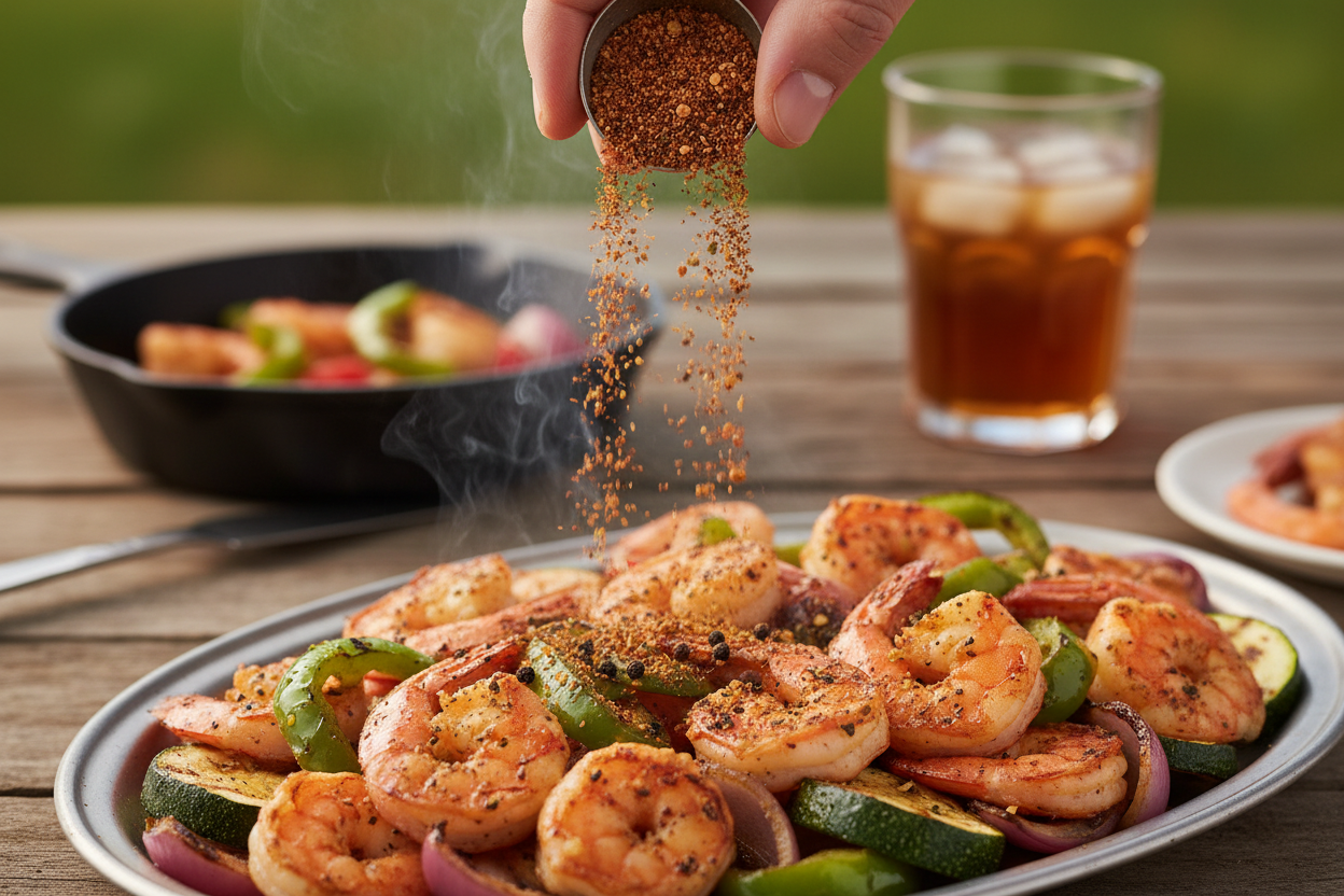 Cajun Seasoning being sprinkled on grilled shrimp