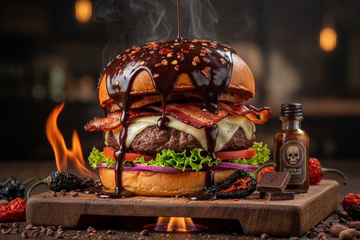 Chocolate Primotalii hot sauce on gourmet burger