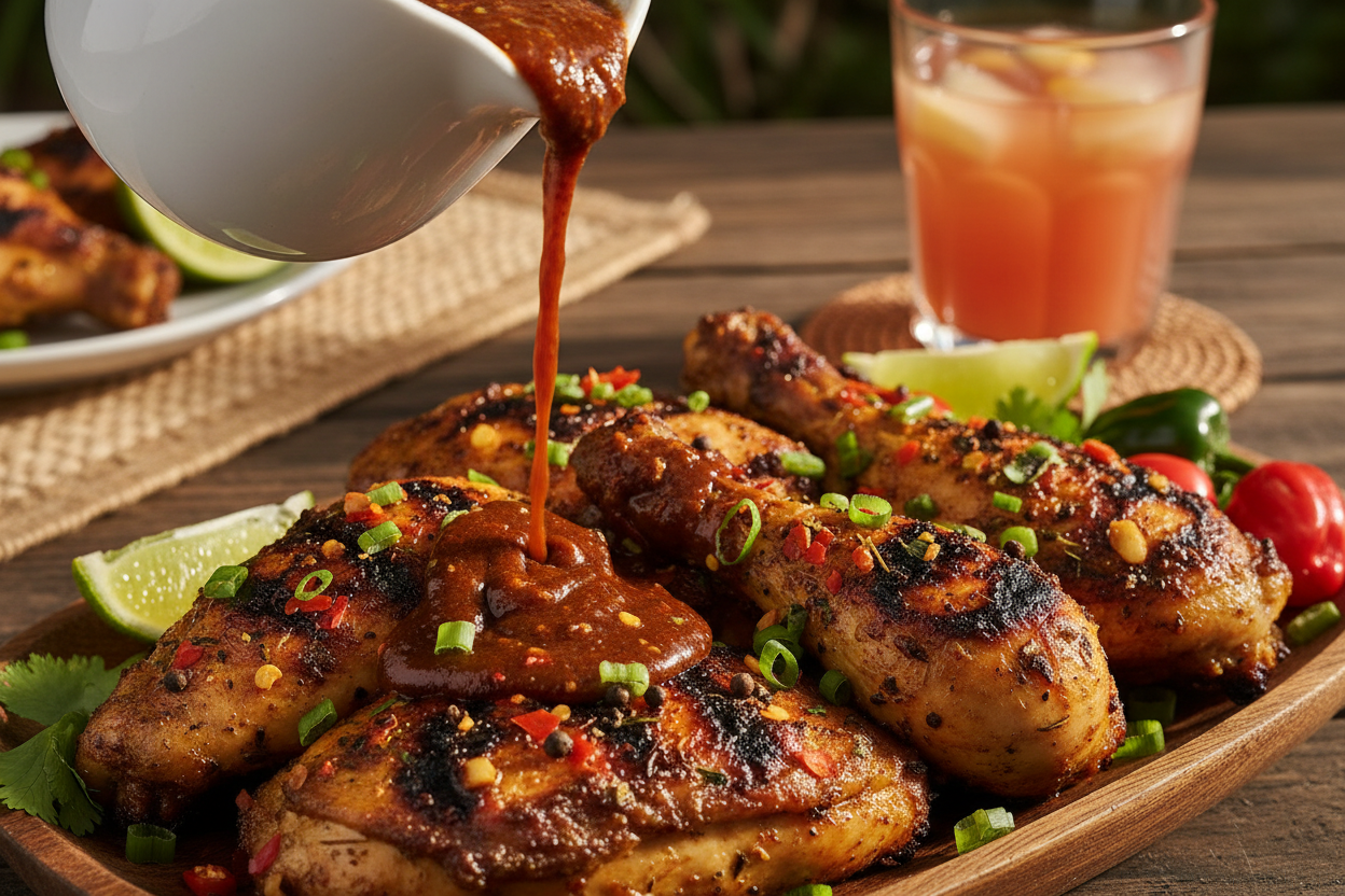 Jerk Sauce being poured on grilled jerk chicken