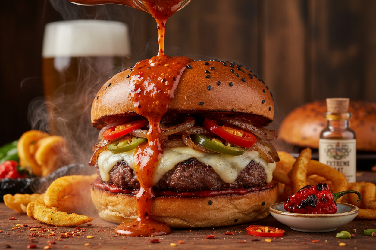 Trinidad Scorpion hot sauce on spicy burger
