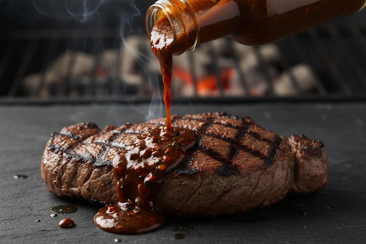 Smokey Chipotle Dragon hot sauce being poured on grilled steak