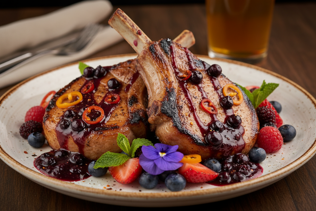 Blueberry Bomb hot sauce on gourmet pork chops