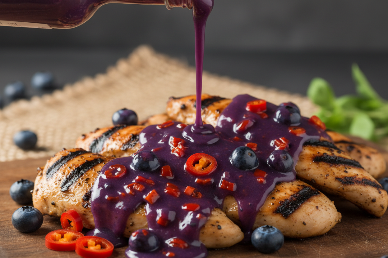 Blueberry Bomb hot sauce being poured on grilled chicken