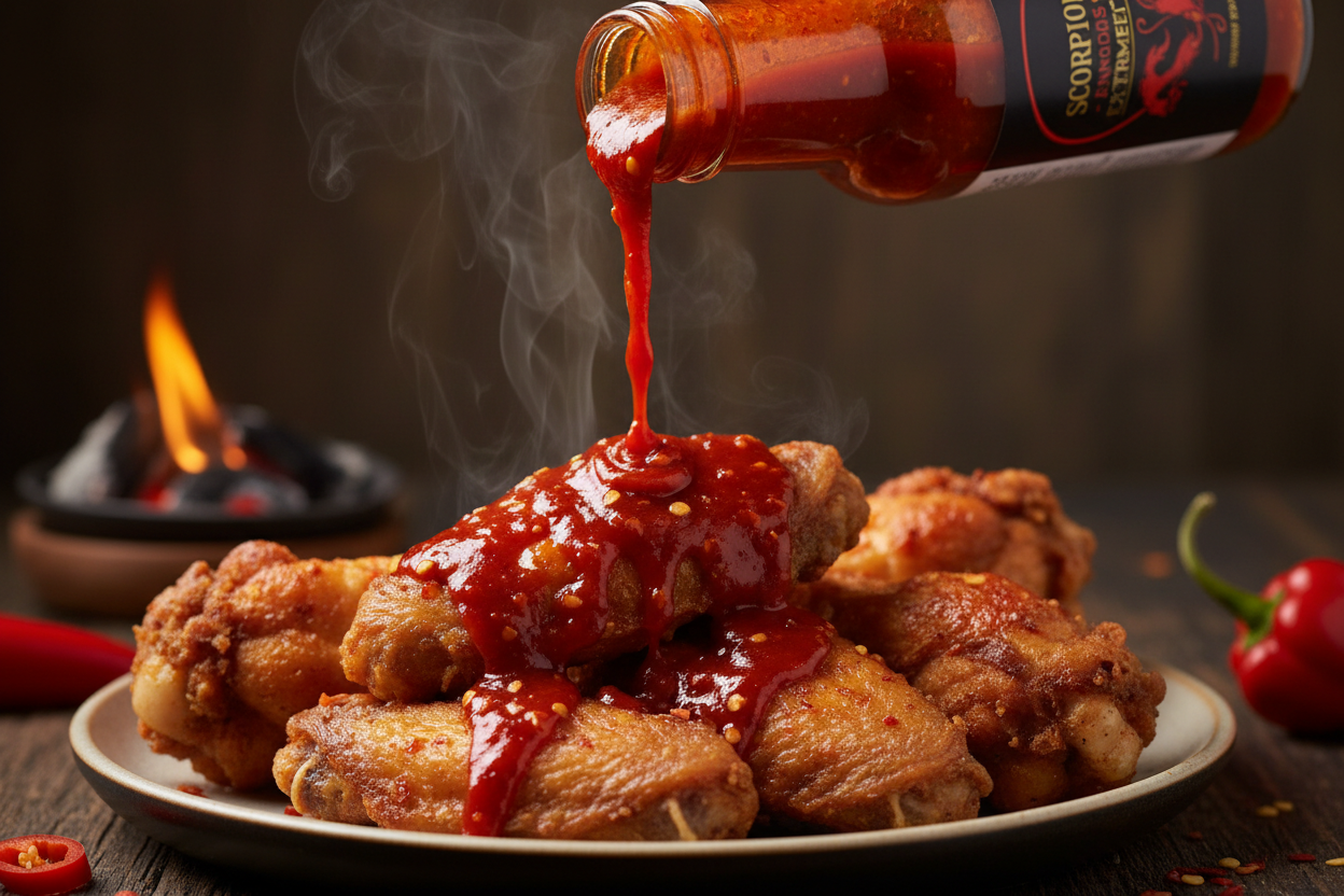 Trinidad Scorpion hot sauce being poured on spicy wings