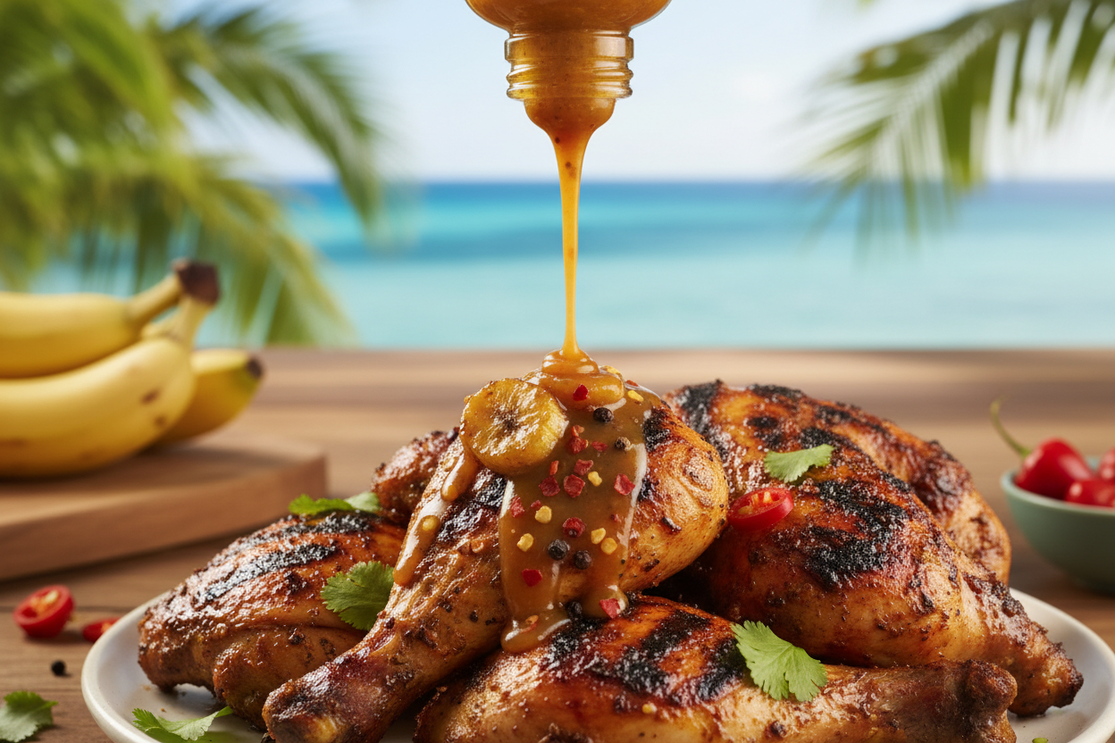 Banana Rum hot sauce being poured on grilled jerk chicken