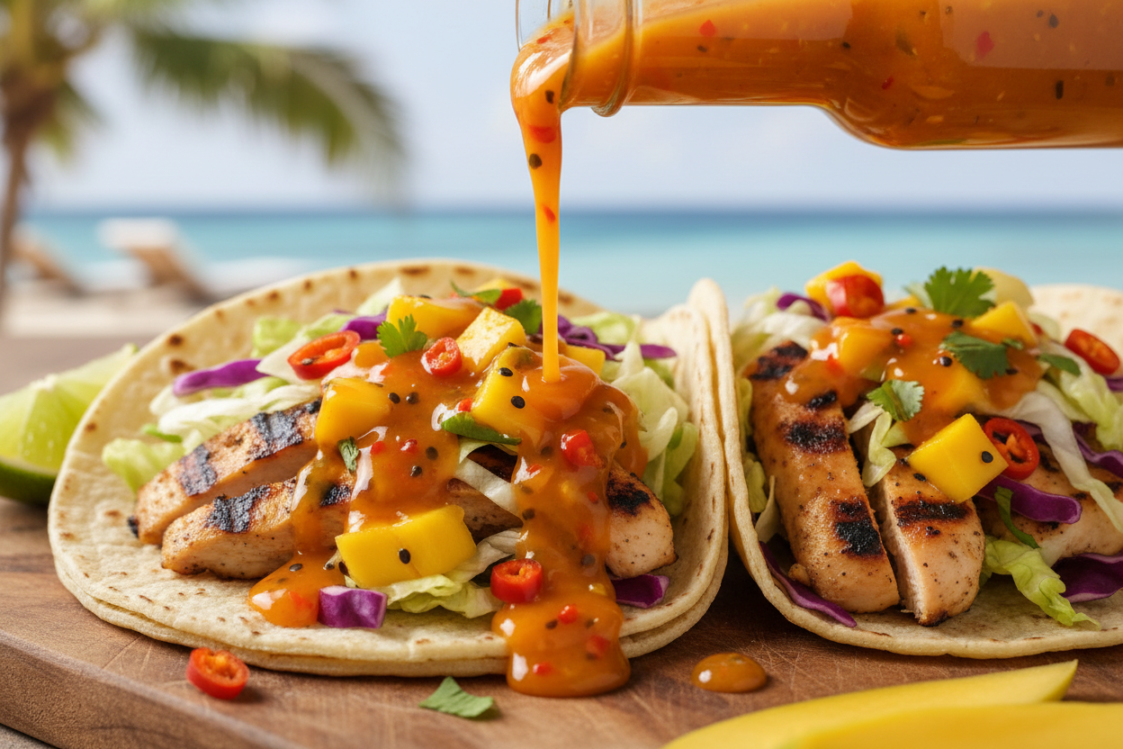 Mango Habanero hot sauce being poured on grilled chicken tacos