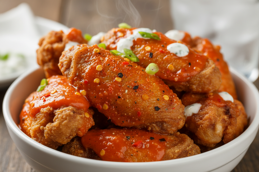 Buffalo Wing Extra Spicy sauce coating crispy chicken wings