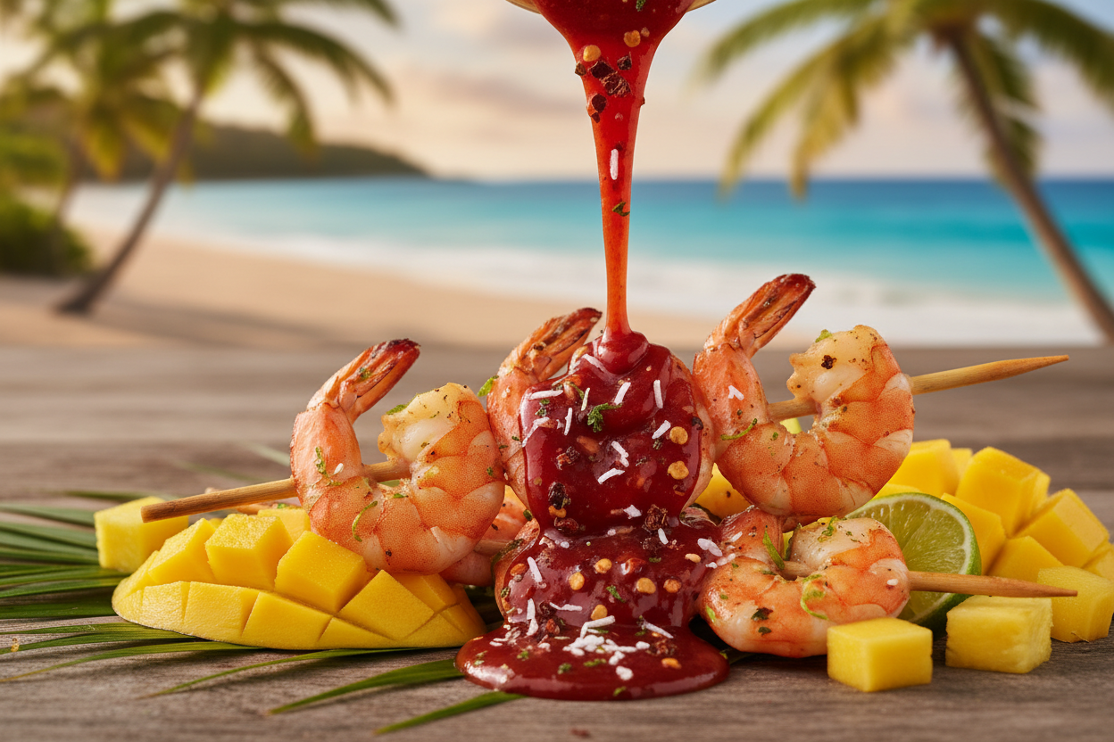 Coconut Ghost hot sauce being poured on grilled tropical shrimp