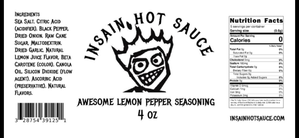 Awesome Lemon Pepper Seasoning 4 oz label showing ingredients and nutrition facts