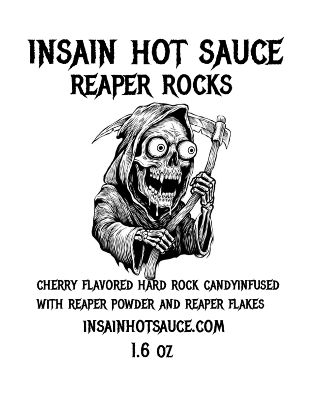 Reaper Rocks label — cherry flavored hard rock candy with Reaper powder and flakes